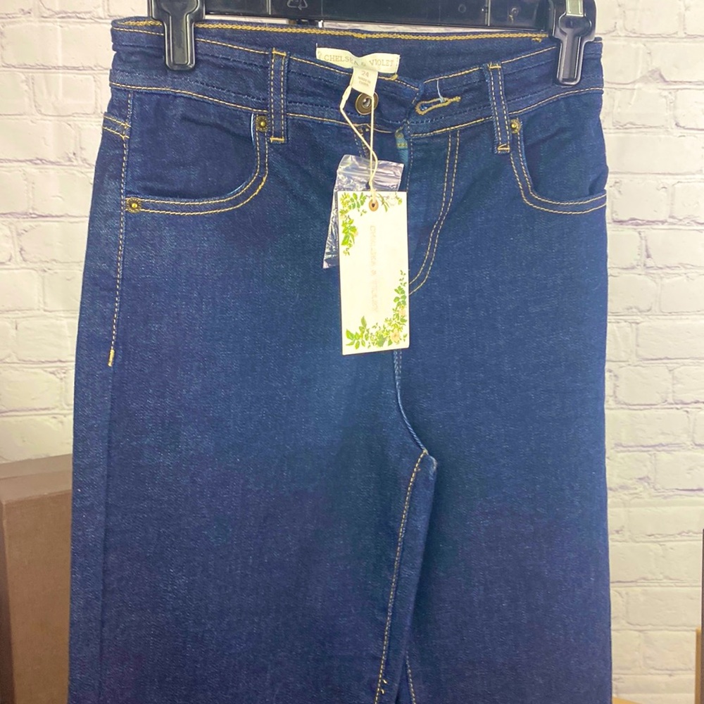 NWT Chelsea & Violet dark denim yellow stitching wide legged wide cuff jean